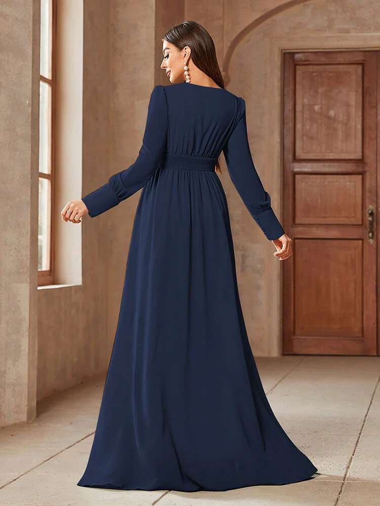 TOLEEN 2024 New Spring Summer Elegant Formal Party Evening Clothing Women's Simple V-Neck Solid Color Long Sleeve Dresses