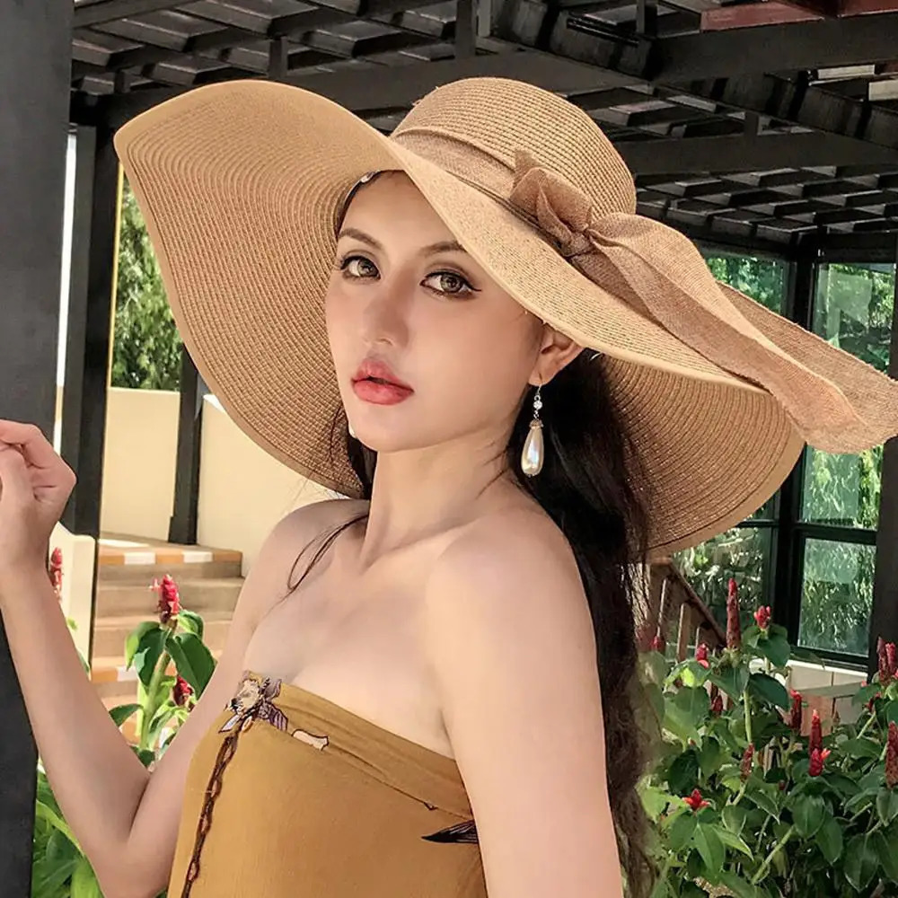 outdoor Seaside woman fashion big Bow large brimmed Sun Protection Cap Foldable Straw Hat 250218