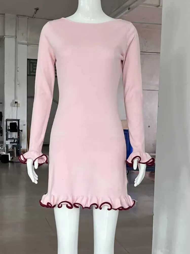 Basic Casual Dresses Fantoye Knitted Sexy Round Neck Ruffles Dress Women Black Long Slve High Waist Dress Female Autumn Slim Elegant Party Clubwear H2