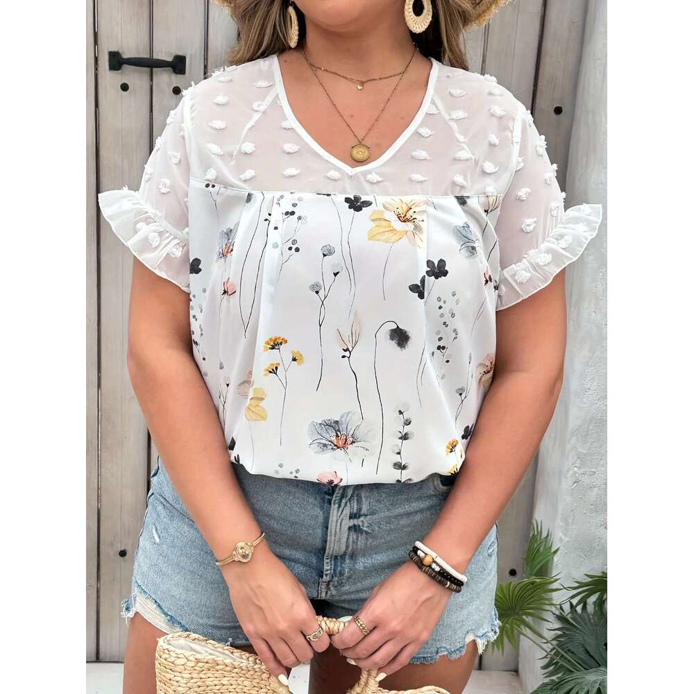 Ral Print Swiss Dot Blouseelegant Patchwork V Neck Short Sleeve Blouse For Spring Summer Women's Plus Size Clo