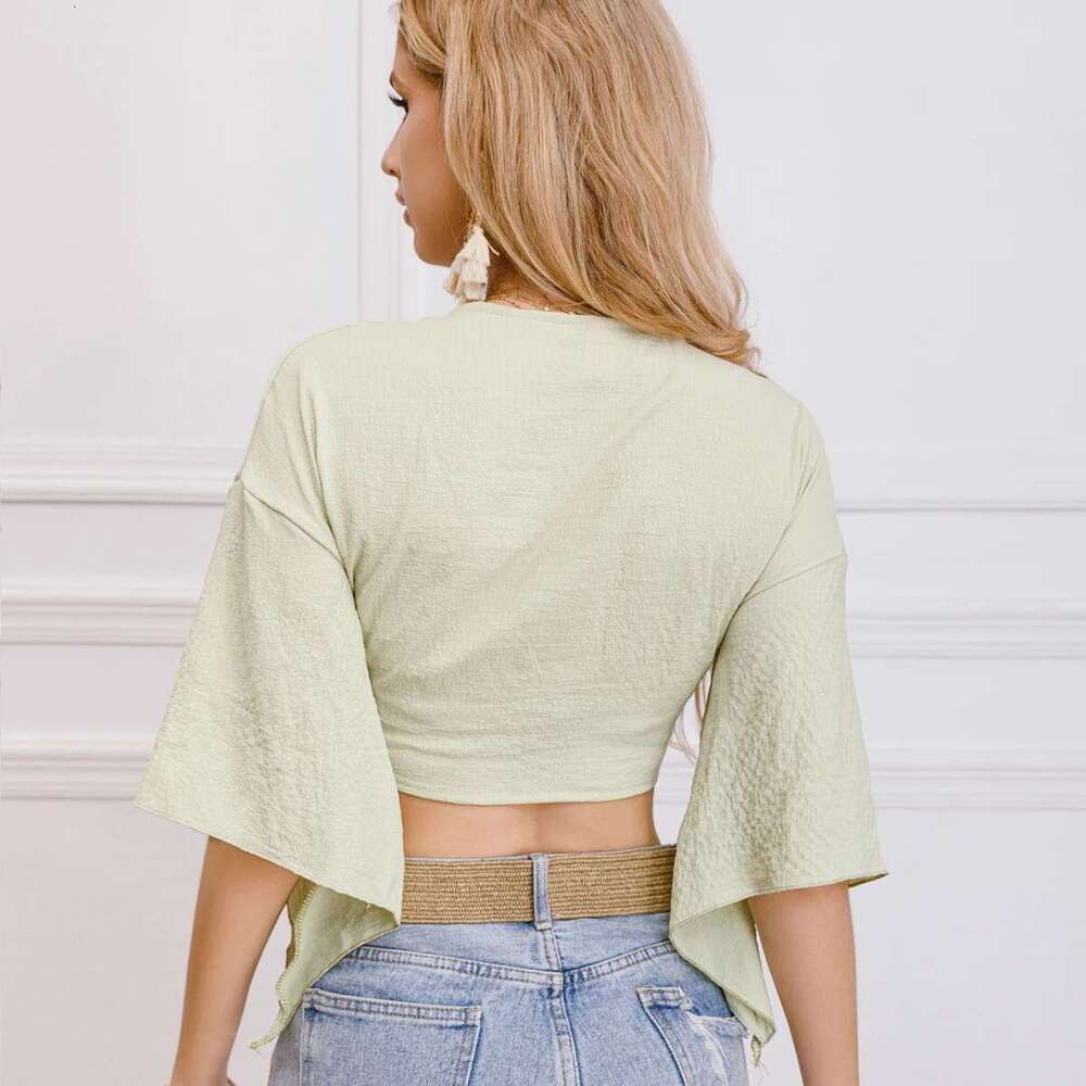 Summer Sexy Bandage Crop Tops For Women Fashion New Slim V -Neck Twisting Lace Chiffon Shirts