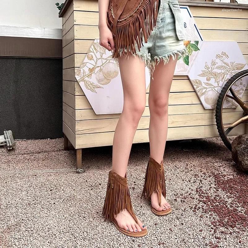 2025 S Fashion Designer Sandals Thick Soled Wedged Toe Roman Rivet Fringed Cool Boots Women S Summer Bohemian