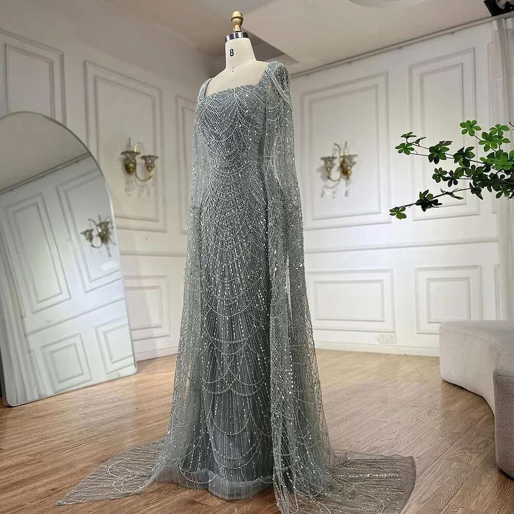 Turquoise Arabic Cape Sleeves Beaded Pearls Or Length Evening Gown Party Dress For Women Customize BLA