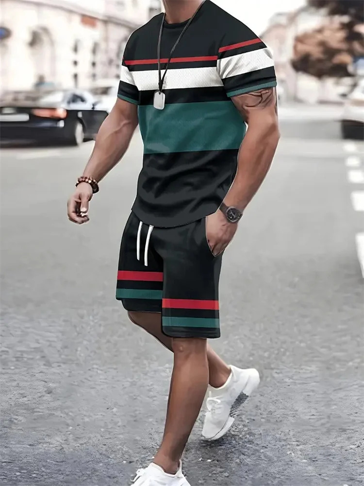 summer mens sportswear short-sleeved T-shirt suit two-piece outdoor travel clothing oversized shorts training clothes 250217