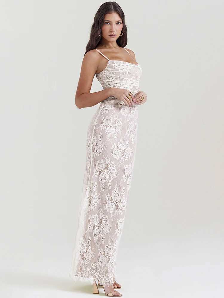 Basic Casual Dresses Fantoye Autumn New Double Layer Lace Women Two Piece Sets White Long Slve Spaghetti Strap Dress Skinny Elegant Party Clubwear H25