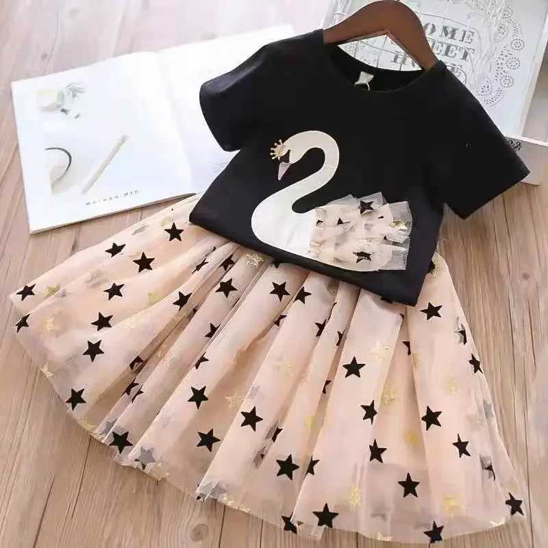 Kid Girl Clothes Swan Lace T-shirt+Star Tulle Skirt 2Pcs Set Baby Outfit Casual Girls Suit Fashion Two-Piece W250218