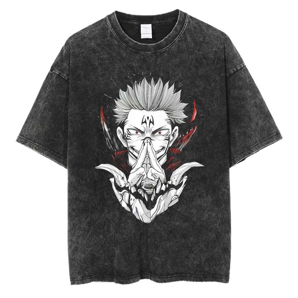 Washed T-shirt, street hip-hop anime, five mantras, battle back graphics, casual cotton, summer short sleeved