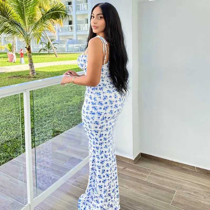 Basic Casual Dresses Women Spring Summer Style Elegant Floral Printed Beach Vacation Bodycon Strtwear Long Dress Spaghetti Strap Sheath Dress H25217