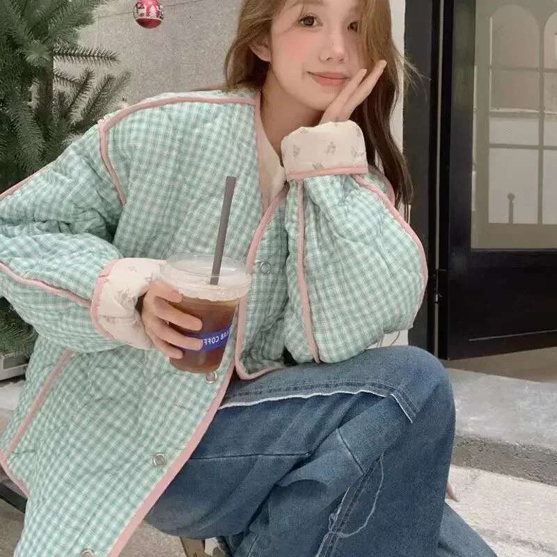Two-Sided Wear Cotton Jacket Korean Sweet Pink Ral Checkered Coat Women Autumn Winter Loose Casual Single Breasted Tops