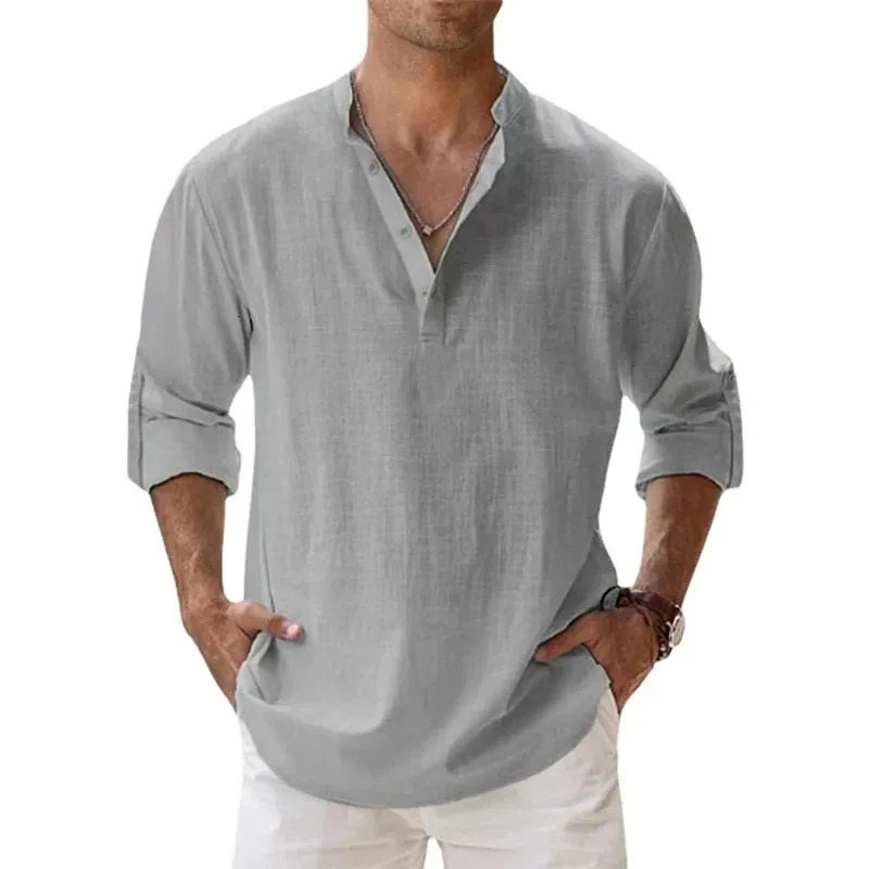 Streetwear Men Lightweight Shirts Long Sleeve Henley Cotton Linen Shirts for Men Beach Hawaiian Shirts Breathable Collar Tshirts 250217