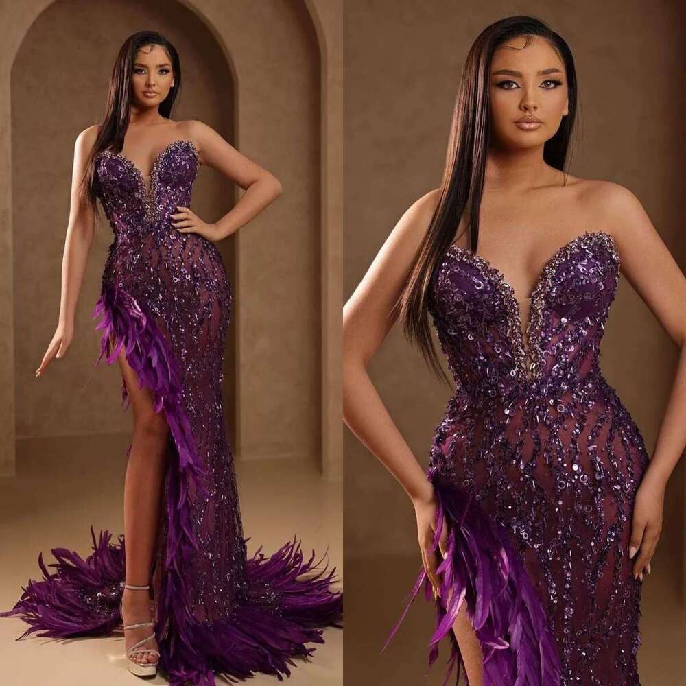 Mermaid Distinctive Evening Dress Feathers Beaded Strapless Prom Gowns Sequined High Split Formal Dresses Vestido De Novia es