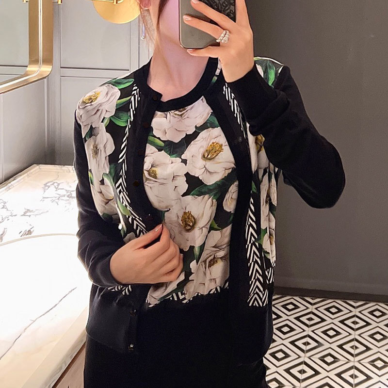 Women's Floral Print Silk Cardigan Fashion Long Sleeve Round Neck Single Breasted Slim Fit Elegant Classic Spring Vacation Style Luxury Designer 