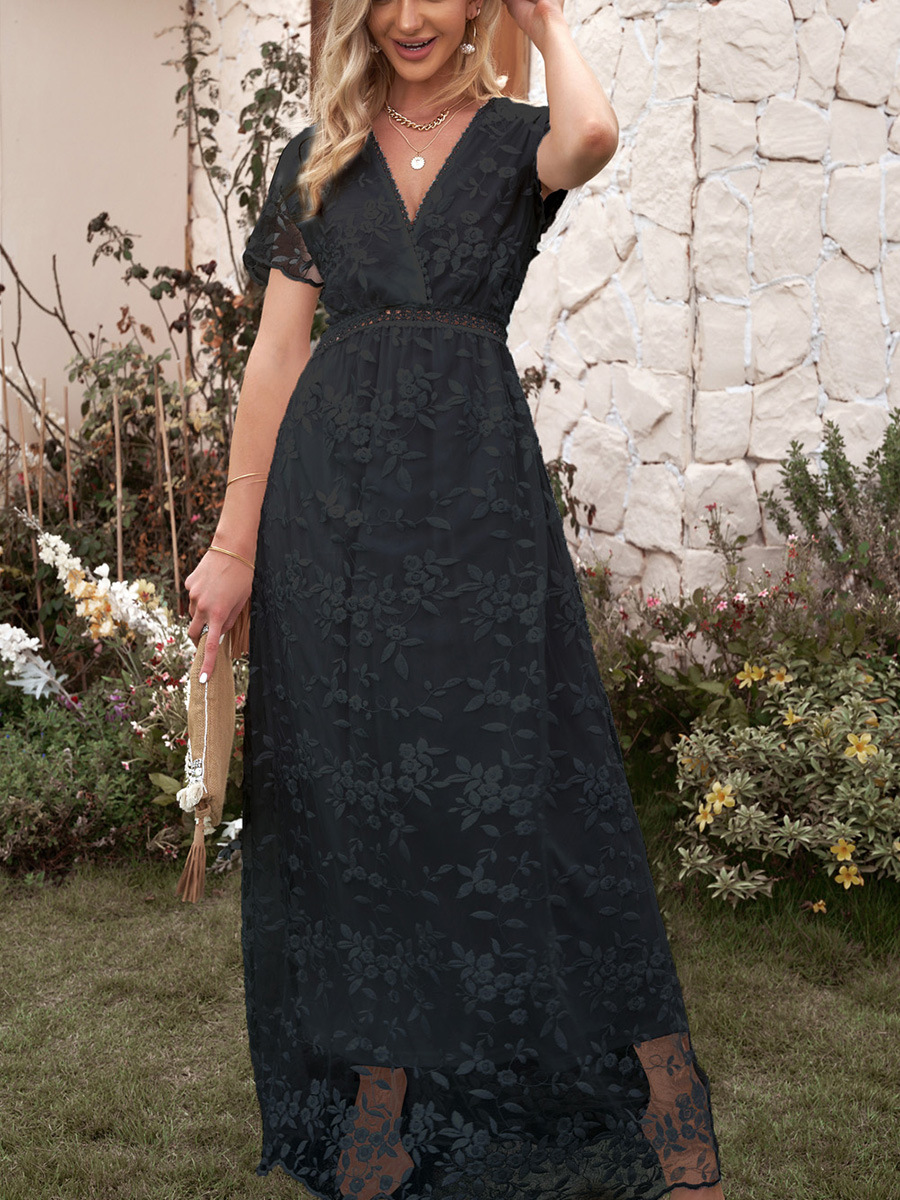 K185120 Summer lace hook flower hollow long skirt female solid color temperament commuting solid color skirt women's clothing