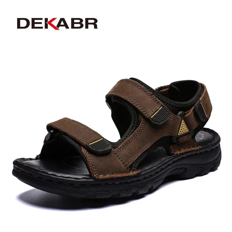 DEKABR Men Genuine Leather Sandals Summer Beach Breathable Fisherman Shoes Slipper Style Soft Bottom Flat Shoes Plus Size 38~48 250217