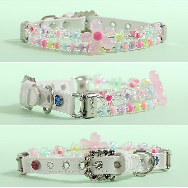 Fashion Dog Leather Collar with Colorful Beads and Small Flowers, Dog Collar Leash Set for Small Medium Dogs, Pet Neck Decoration, Adjustable Dog Acce