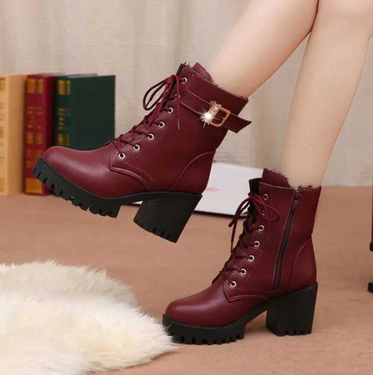 Hot Sale 2022 Women Boots Lace Up Flat Biker Wine Red Boots Shoes Buckle Woman Botas Women BootsXJ250217