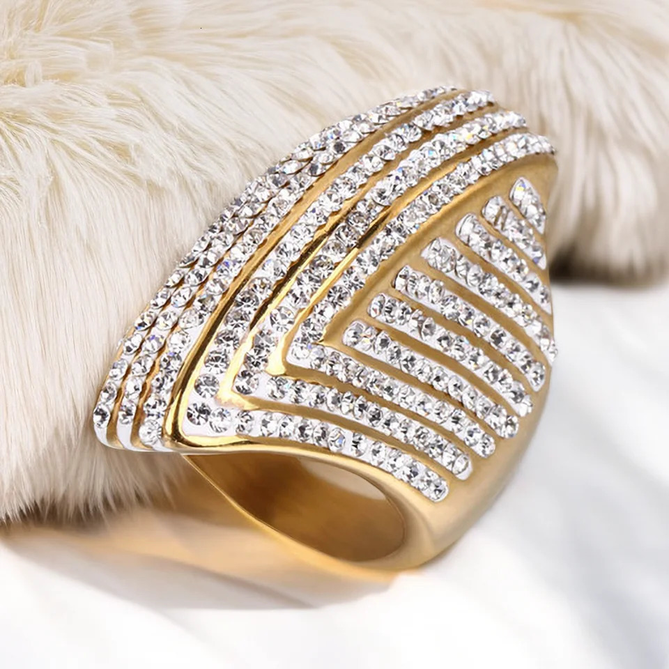 Hip Hop Iced Out Bling Big Oval Ring Female Gold Color Stainless Steel Large Cocktail Rings For Women Party Jewelry Gift 250214