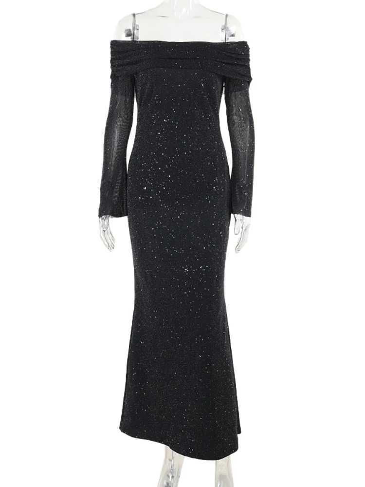 Basic Casual Dresses Fantoye Sexy Off Shoulder Sequins Sparkling Women Maxi Dress Black Long Slve Evening Dress Winter Slim Elegant Party Clubwear H25