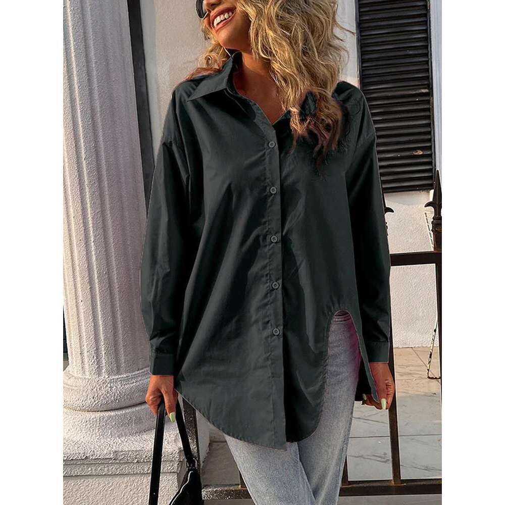 2024 Spring And Summer New Women's Solid Color Single Row Of Buttons Blouse Temperament Casual Round Neck T-Shirt Asymmetric