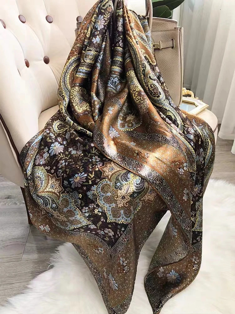 Coffee Gold 100% Mulberry Silk Womens Scarf Bandana Fashion Plaisley Style Square Scarves Hijabs Winter Headscarf Foulard 250213
