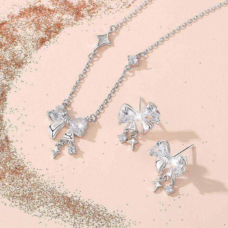 Tiqi S pure sier, light , high-end feeg, dia studded bow necklace, women's niche design, star tassel earrings