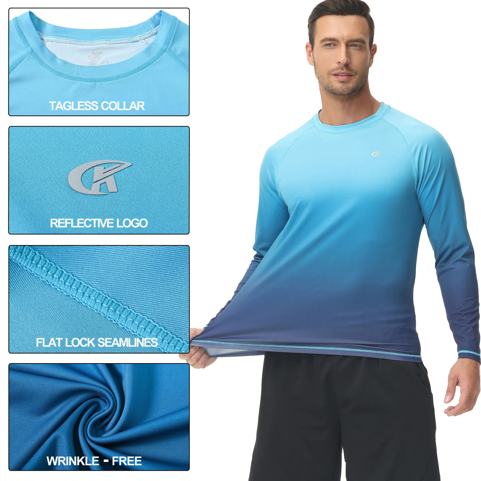 Men UPF 50 Gradient Long Sleeve Swim Tee Breathable Surf Shirt Rash Guard Hiking Outdoor Shirts 250217