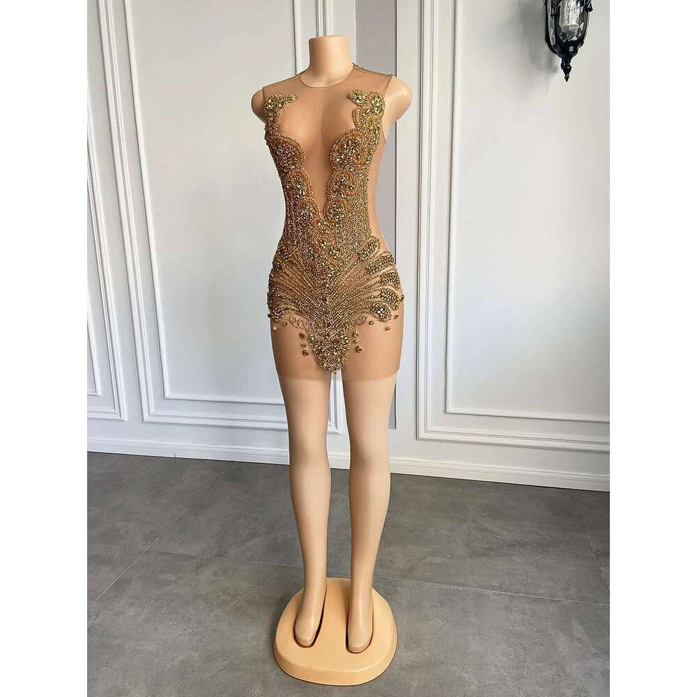 Sheer Sexy See Through Black Girl Short Prom Dress Golden Dia Beaded Crystals Women Tail Party Gowns For Birthday