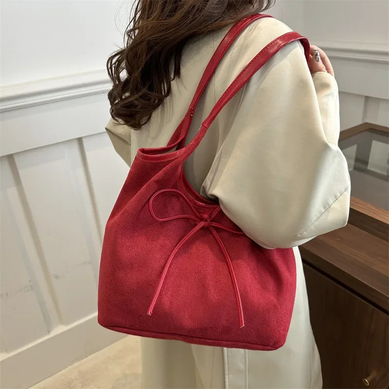 Fashion Bow n Shoulder Bags for Women Vintage Faux Suede Ladies Underarm Tote Bag Female Large Capacity Handbags 250206