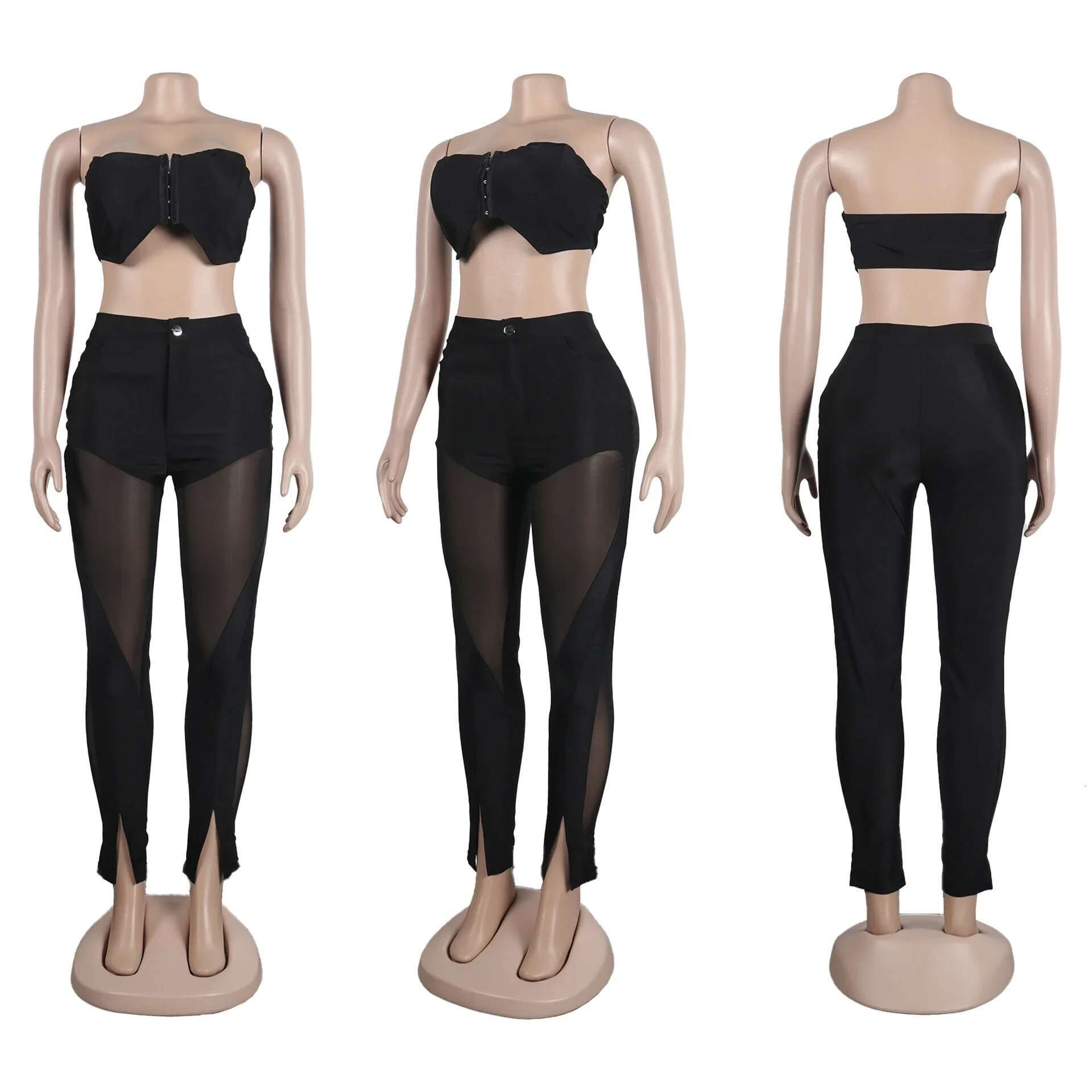 Prowow Sexy Two Piece Women Clothing Set Cropped Tops Mesh Spliced Pant Slim Fit Party Nightclub Wear Suits New Design Outfits