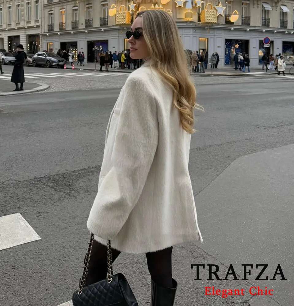Trafza-Women Fur-Effect Lapel Buttons Pockets Faux Fur New 2025 Fashion Fall Winter Romantic Elegant Blazer