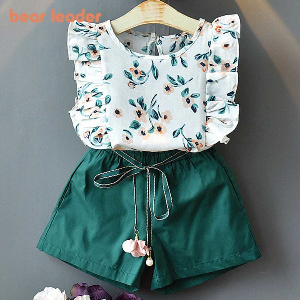 Bear Leader Kids Girl Clothes 2022 Fashion Sling Flower Bow Baby Girls Shirt + Stripe Shorts 2pcs Suit Children Clothing Sets W250218