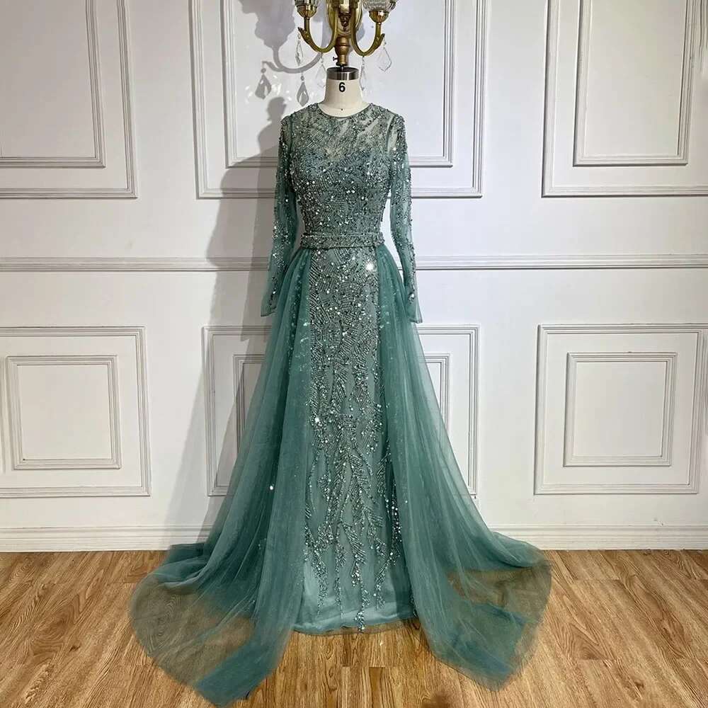 Turquoise Arabic Mermaid Gown With Tulle Overskirt And Beaded Evening Gowns Customize Wedding Party BLA s