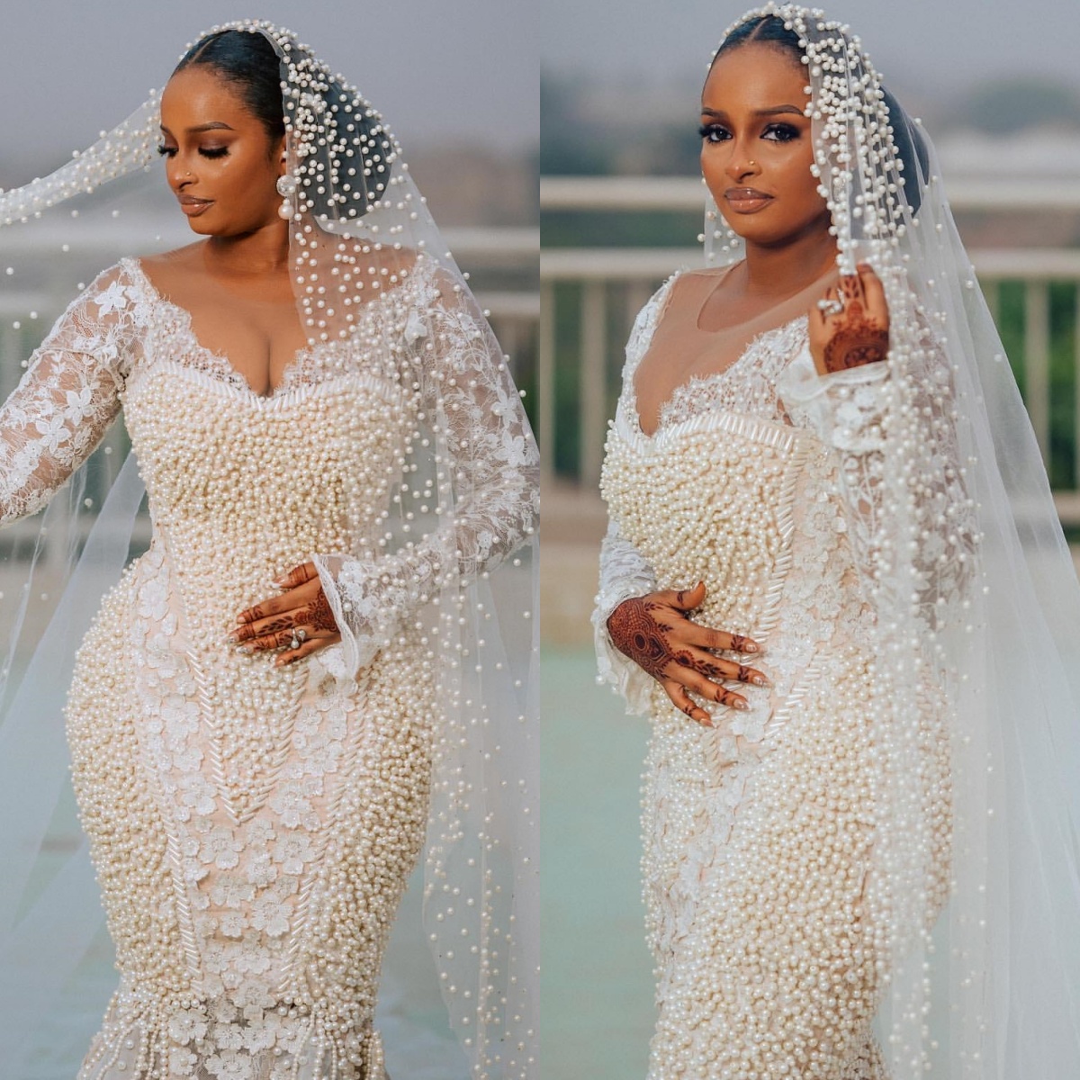 Luxury Pearls Wedding Dresses Lace Mermaid Bridal Gowns Long Sleeves Illusion Customized Princess Sweep Train Bride Dress Vestidos De Novia