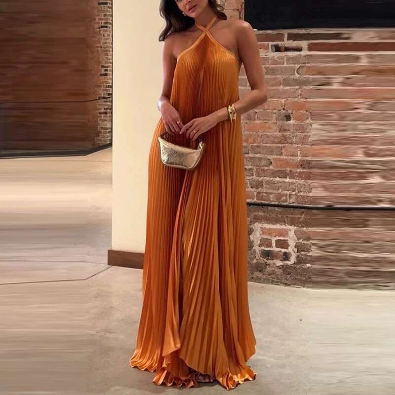 Fashion Pleated Solid Color Long Sexy Halter Hollow Out Loose Evening Women Elegant Sleeveless Backless Party Dress