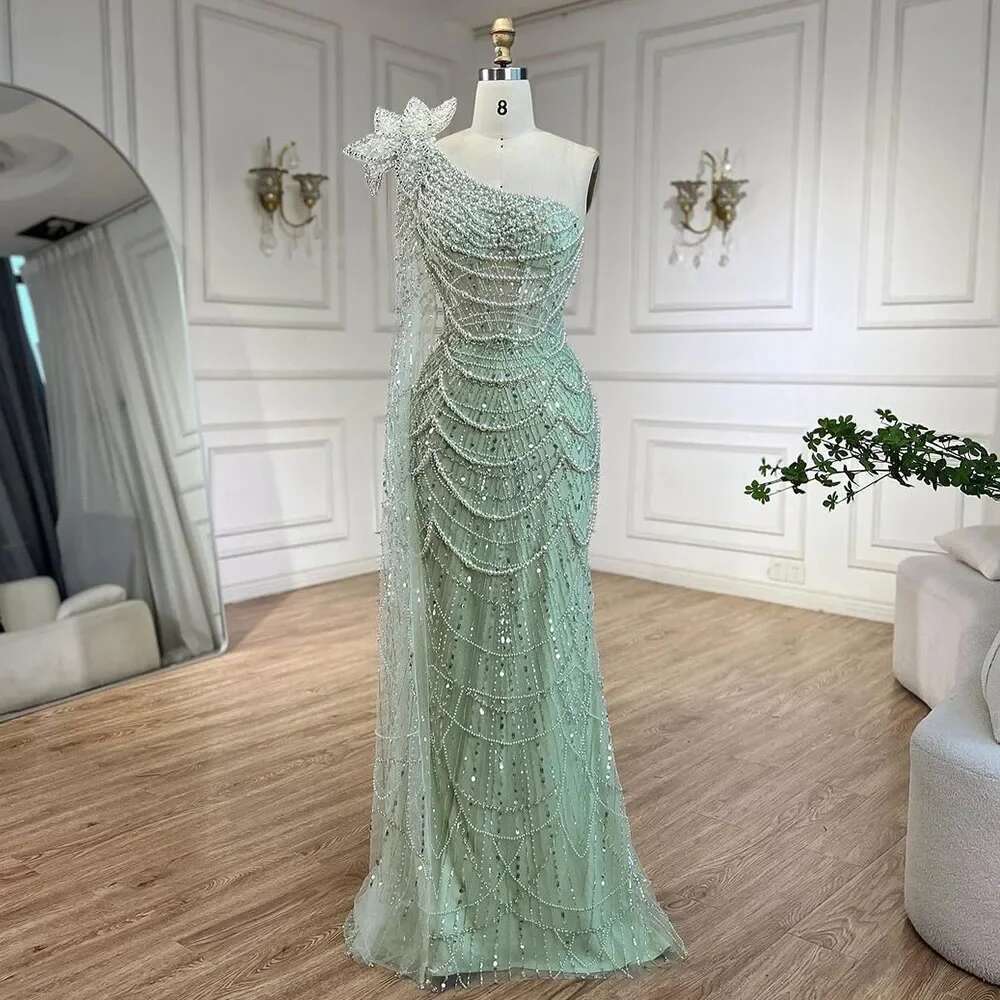 Green Sage Mermaid One Shoulder Pearls Dubai Arabic Evening Dresses Gowns Customize