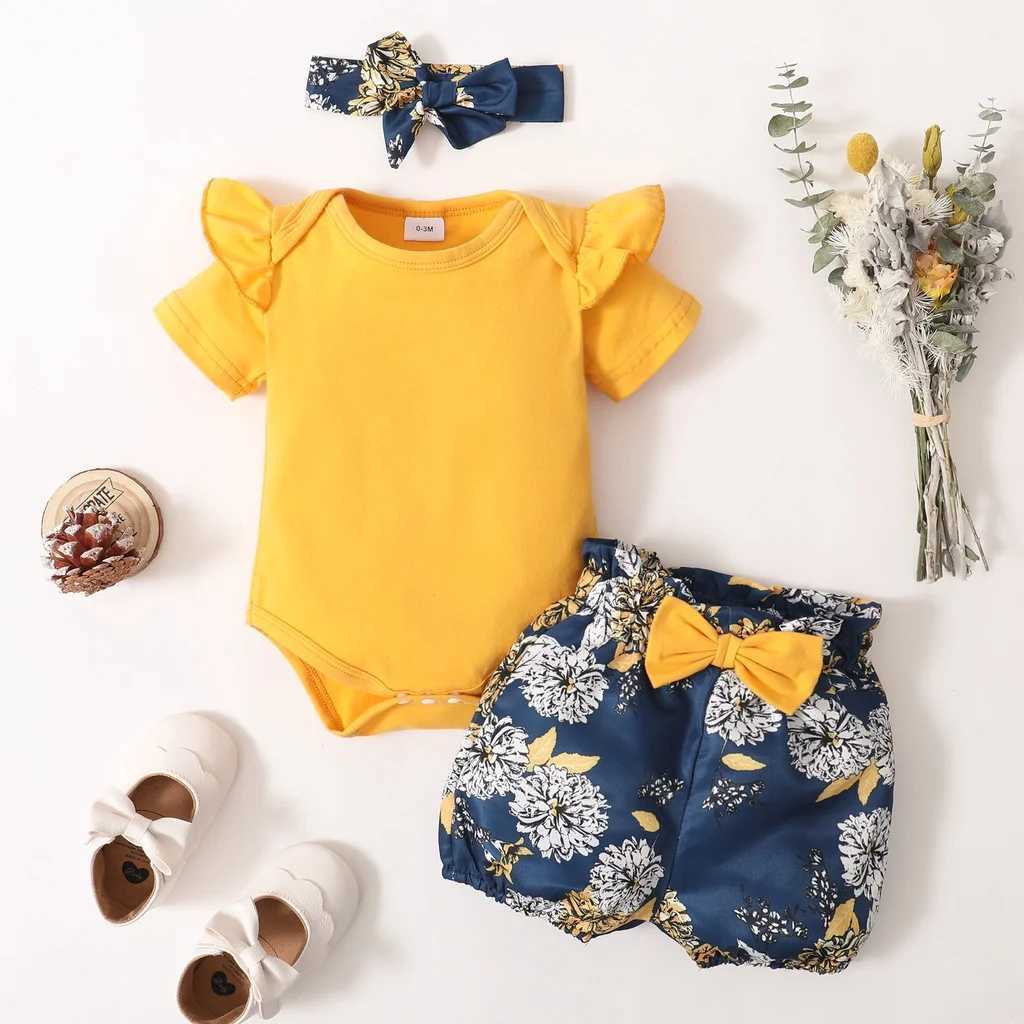 3-piece set of baby clothing solid color pleated short sleeves tight fitting clothes+floral short sleeves+headband cute summer clothing lasting 0-18 m