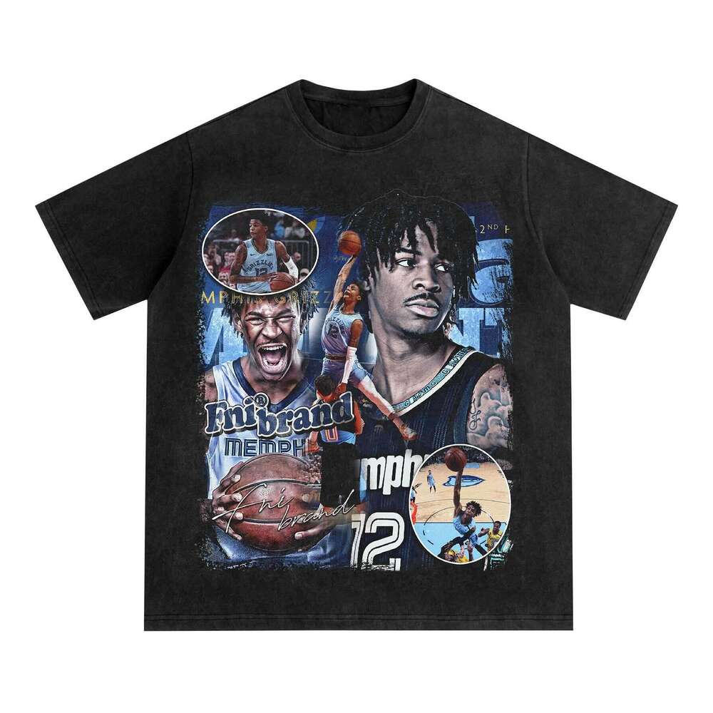 Morant vintage washed star print American hip-hop high street basketball summer men's and women's short sleeved shirt