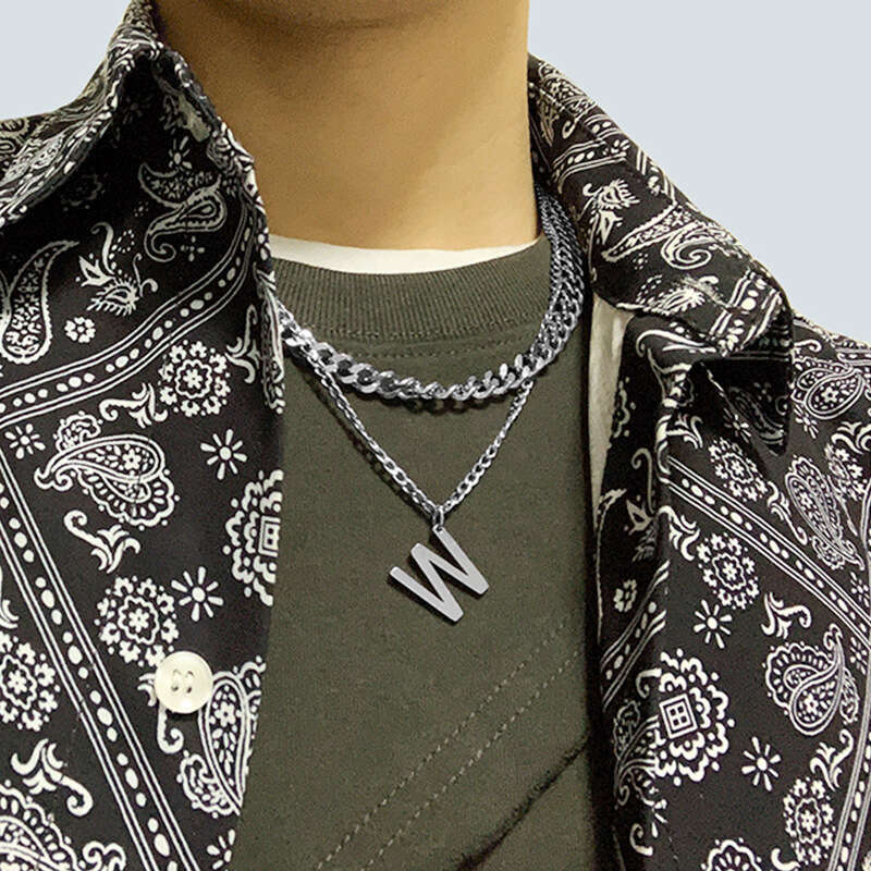 Titanium Steel Personality Letter W Necklace Double layered Layered Sweater Versatile Simple Hip Hop Cuban Chain Korean Edition Men's and Women&#
