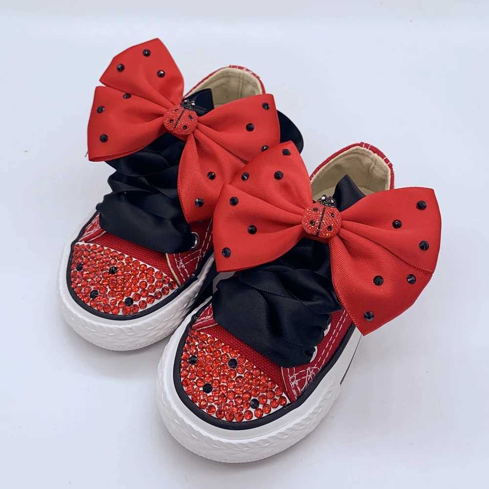 Dollbling Canvas Shoe Custom Handmade Ladybug Low-Top Canvas Rhinestones Casual Flats Kids Crystal Girl Boys Toddler Sneakers Z250217