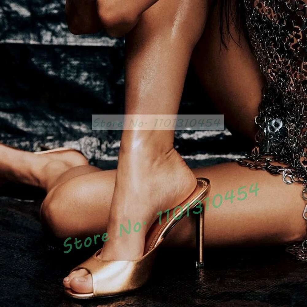 Gold Metallic Peep Toe Mules Women Trendy Smooth Leather Stiletto High Heels Slippers Ladies Elegant Party Sier Dress Shoes