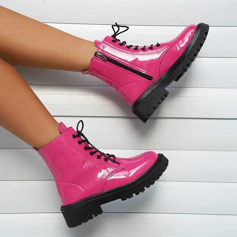 Lucyever 2023 Fi Pink Motorcycle Boots Women Pu Leather Platform Ankle Boots Woman Autumn Winter Plus Size Lace Up ShoesXJ250217