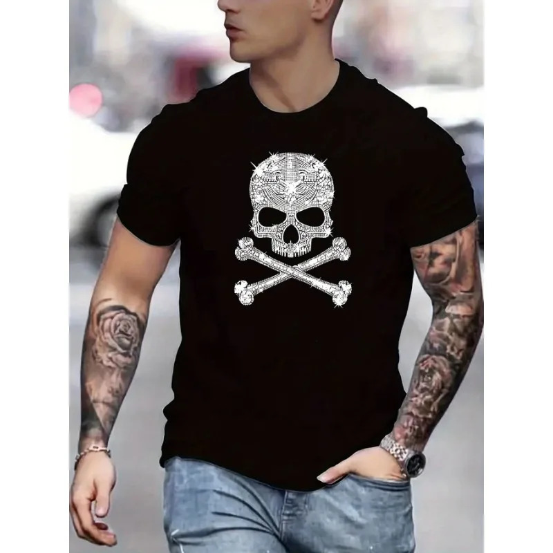 Diamond Skull Fun Pattern Printed T-shirt for Mens Fashion Breathable Cotton Summer Casual T-shirt Large Daily Loose Top 250217