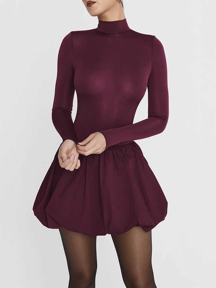 Basic Casual Dresses Fantoye Patchwork Turtleneck Long Slve Women Mini Dress Burgundy High Waist A-line Dress Female Winter Slim Elegant Strtwear H252