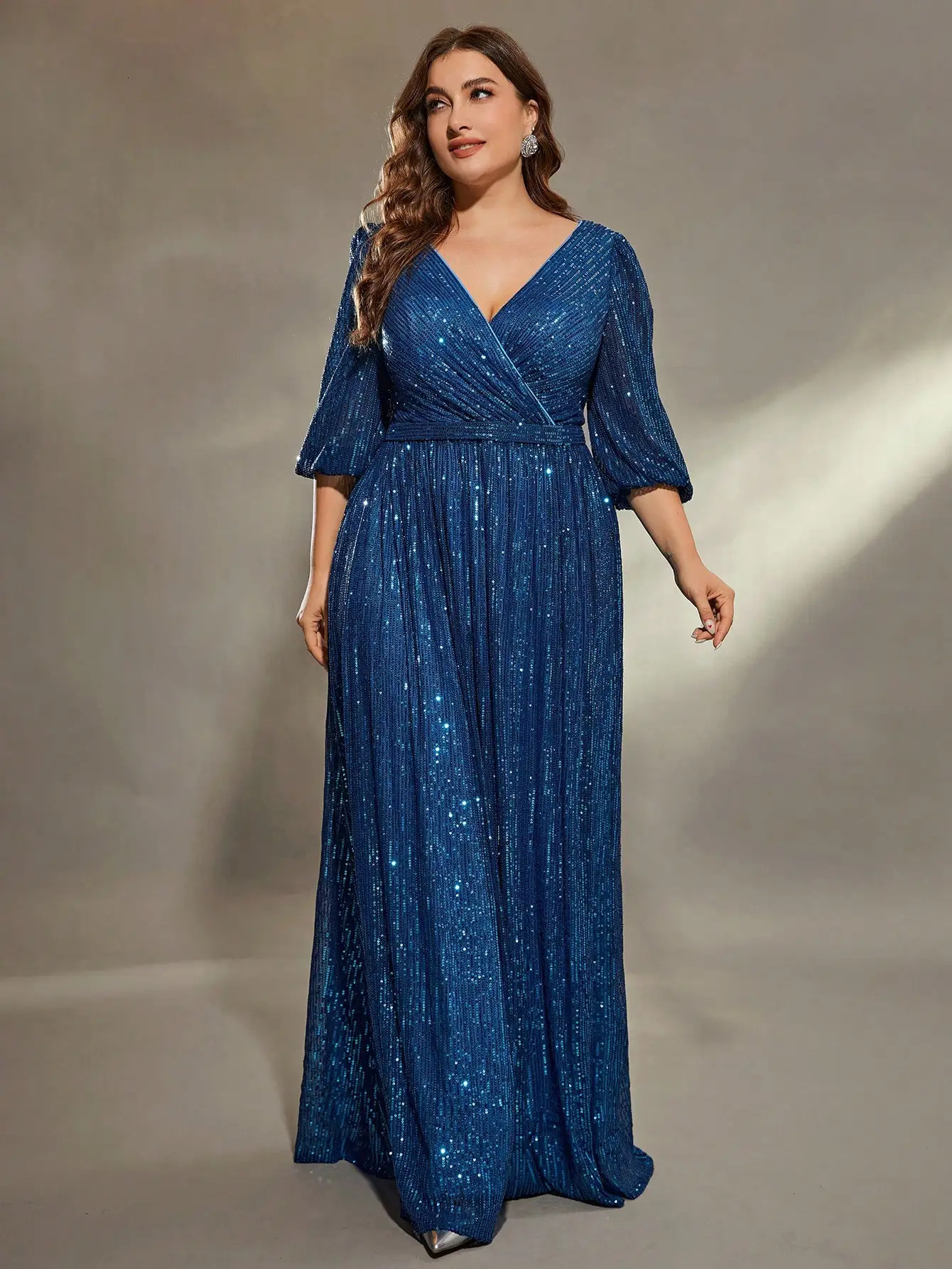 Mgiacy plus size Vneck bust pleated midlong sleeve Aframe sequin long dress Evening gown PROM Party 250214