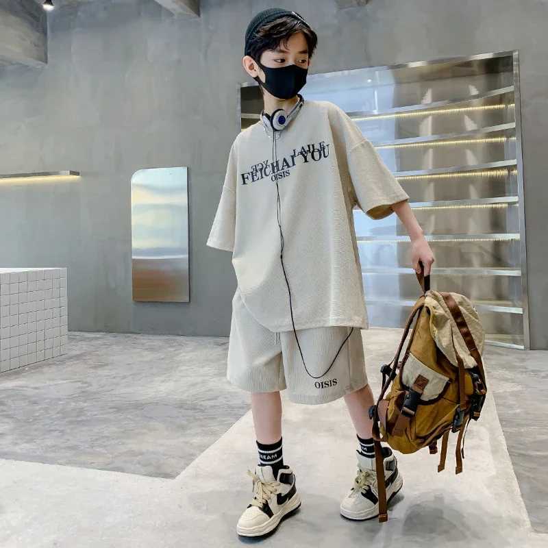 Kids Boutique Clothes Boys Summer Letter Pullover T-Shirt Shorts 2 Pieces Suit Teenage Boy Sport Outfit Gym Tracksuit 6-16yXJ250218