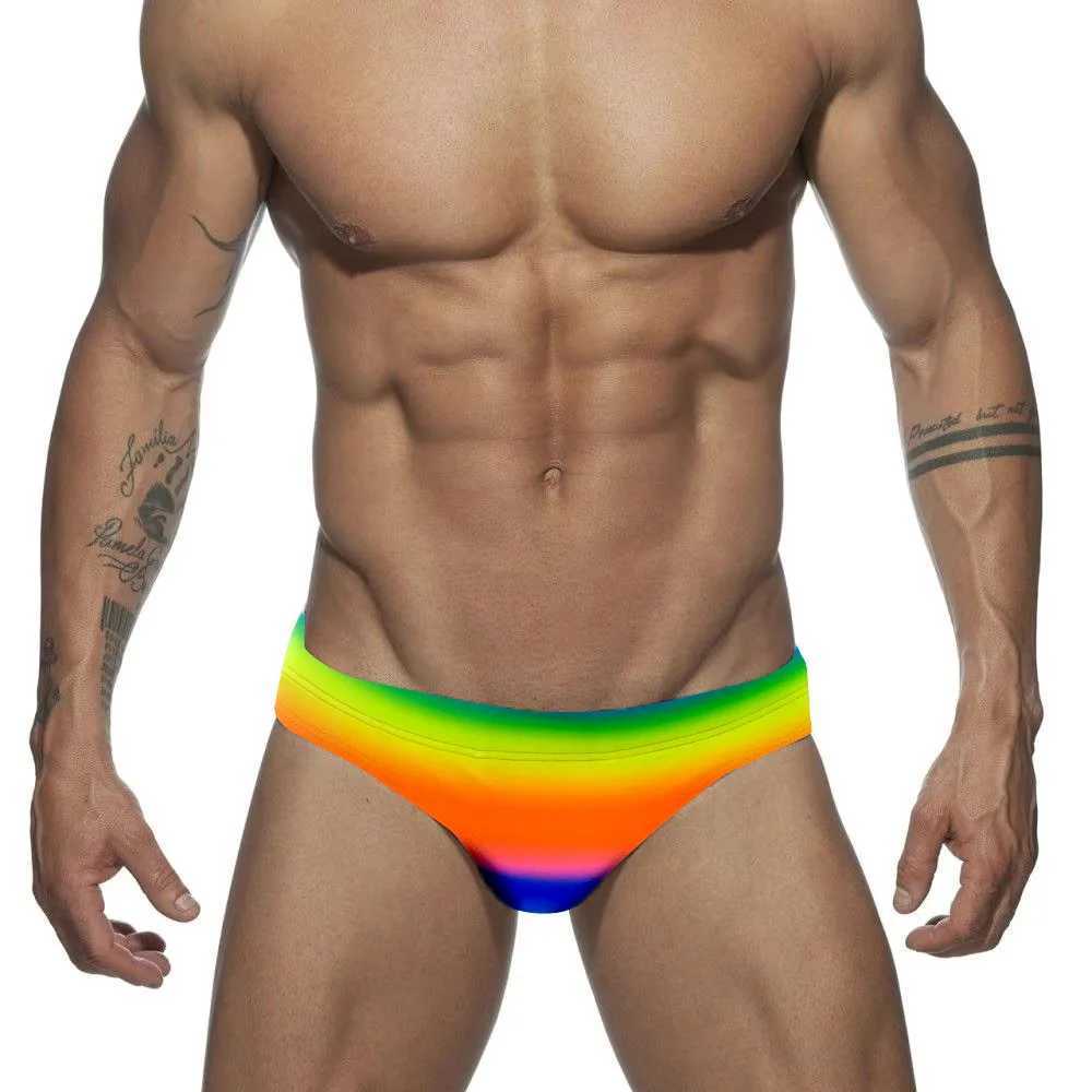 Mens swimming trunks rainbow print low waist sexy cup tether triangle swimming trunks M250218