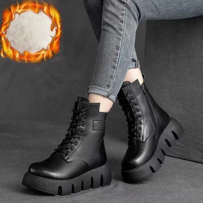 Short Plush 2024 Winter Female Ankle Boots Genuine Leather Cott Boots Thick-soled Padded Women Shoes Warm Snow Boots FemaleXJ250217