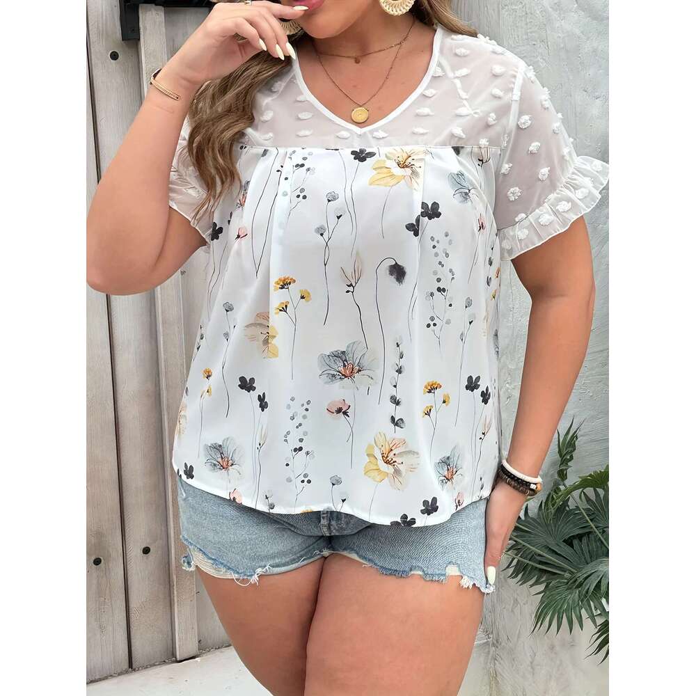 Ral Print Swiss Dot Blouseelegant Patchwork V Neck Short Sleeve Blouse For Spring Summer Women's Plus Size Clo