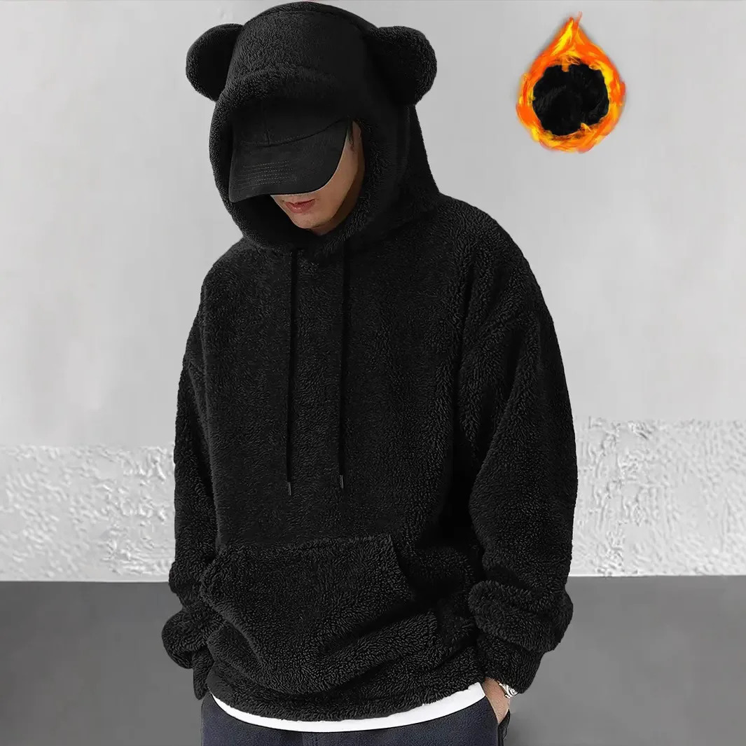 Mens AutumnWinter Top Solid Color Warm Coral Velvet Hoodie with Bear Ears Cute and Fun Coat Sweatshirt Men Clothing 250214
