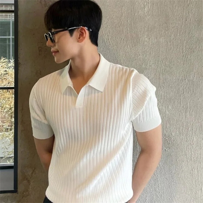 Trendy Polo Shirt For Men Summer Solid Color Top Versatile Knit Style Korean Short Sleeves Casual Fashion T-shirt 250217